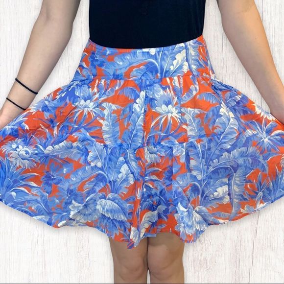 J. Crew Women's Sz. 2 Orange Blue Floral 100% Cotton Mini Skirt Yoke Waist Boho - Picture 4 of 11